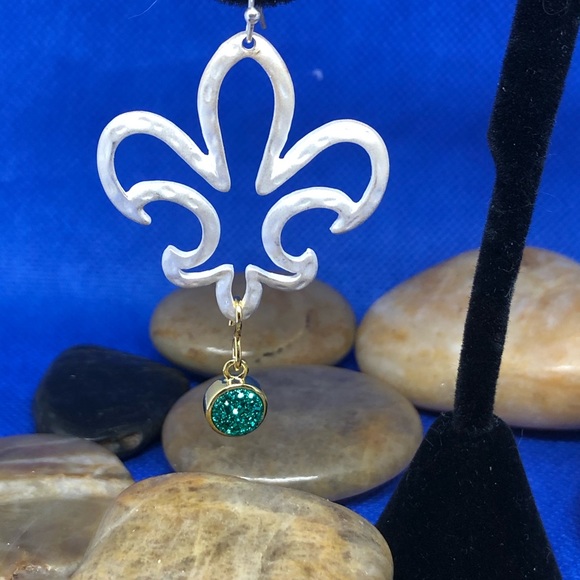 Fleur di Lis earrings with aqua druzy - Picture 3 of 3